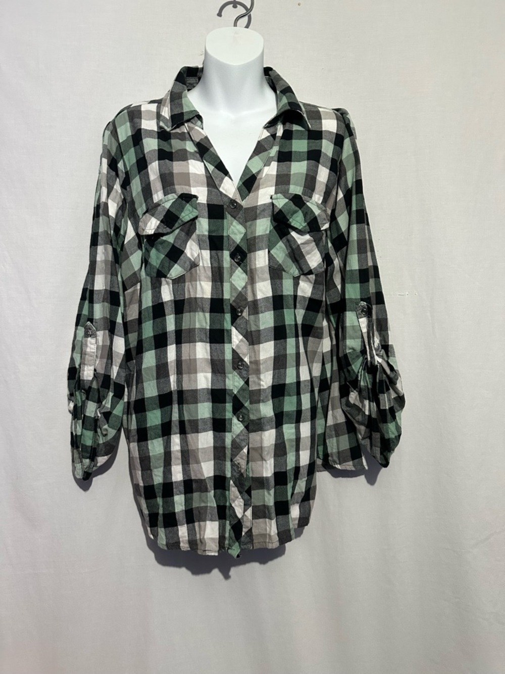 Cato Plaid Button-Down Shirt Mint Green Black White 18/20